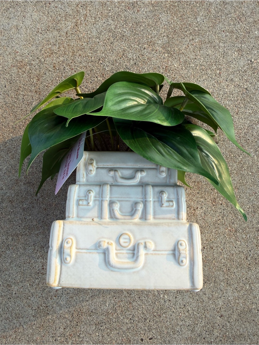 Light Beige Ceramic Stacked Suitcases Planter with Faux Plant NWT